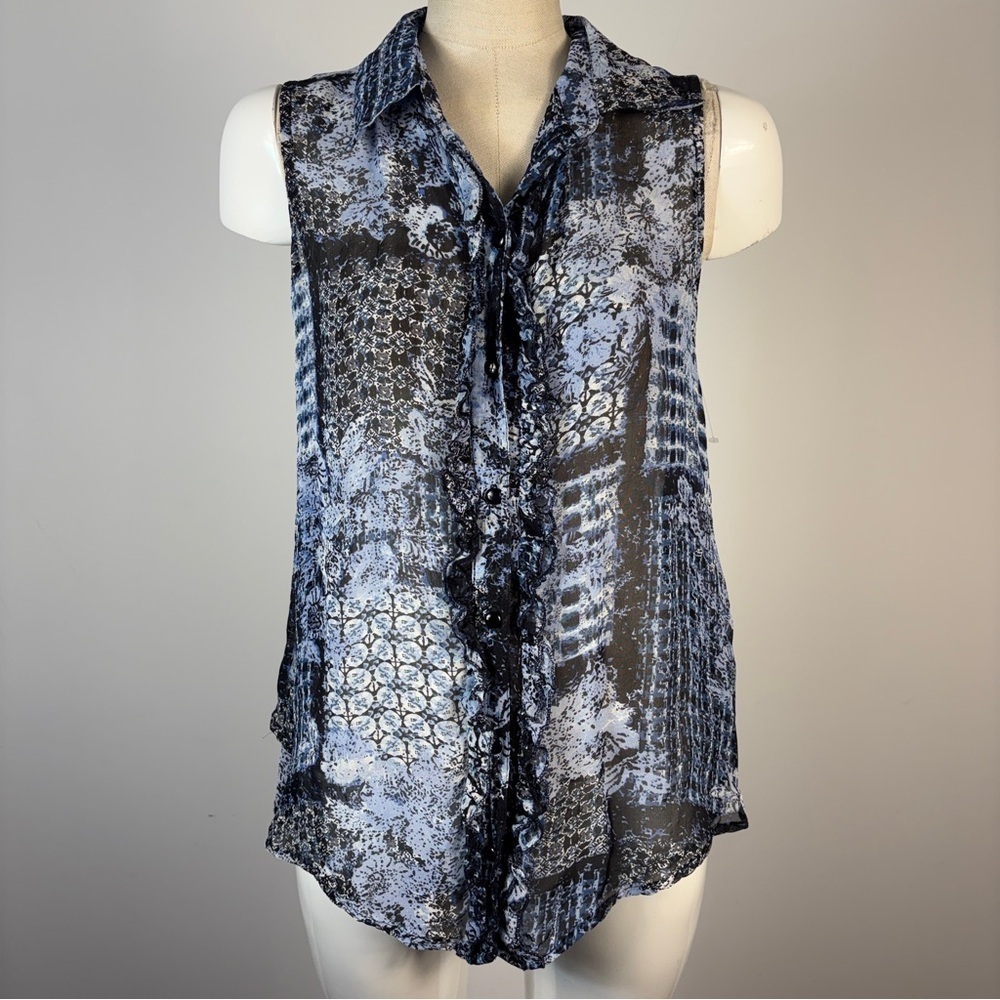 ❤️ Papa Vancouver Chic Sleeveless Blue Pattern Blouse M